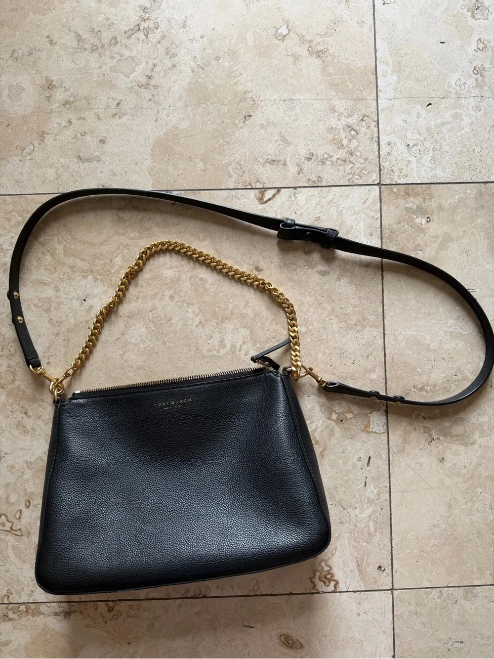 Tory Burch Perry Shoulder Bag Black Pebbled Leather Gold Chain Style 175544